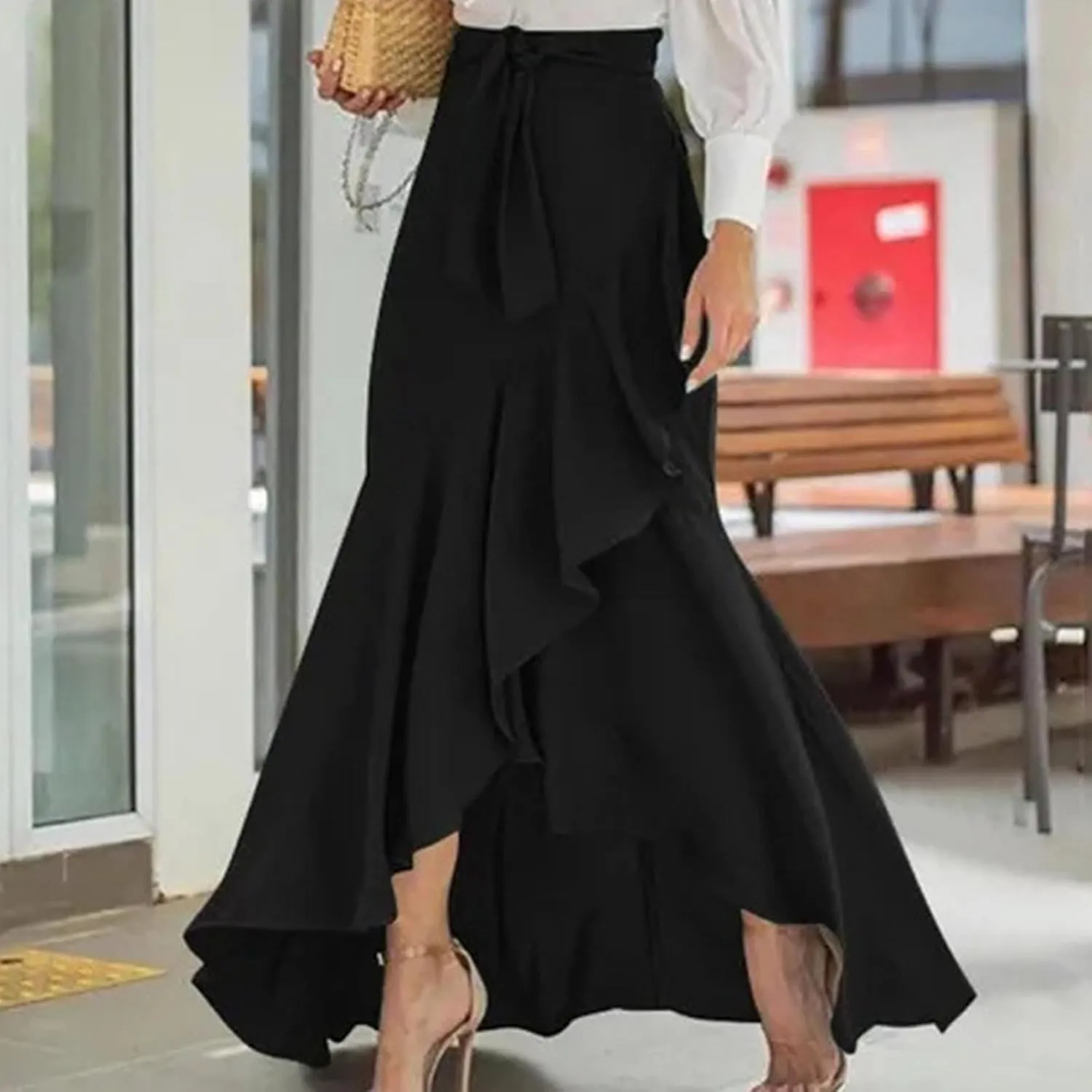 Plaid Mermaid Maxi Skirt for Women Asymmetrical Tied High Waist Ruffle Hem Skirts Casual Fashion Vintage Swing Skirt