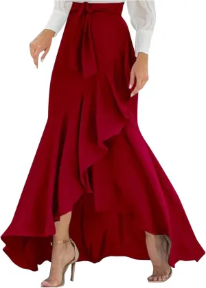 Plaid Mermaid Maxi Skirt for Women Asymmetrical Tied High Waist Ruffle Hem Skirts Casual Fashion Vintage Swing Skirt