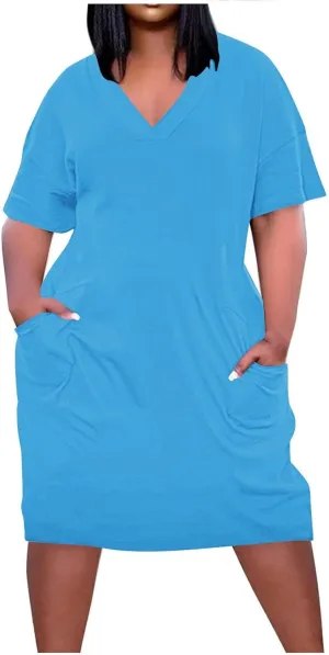 Plus Size Dress for Women Summer Solid Casual Sundresses Short Sleeve Knee Length Shirt Dress with Pockets
