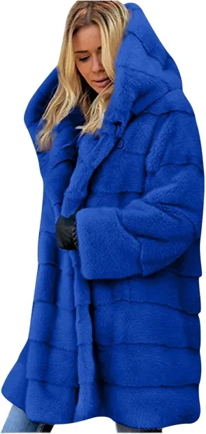 Plus Size Women Faux Fur Coats Open Front Long Winter Coat Warm Fuzzy Fleece Jacket Long Sleeve Thicken Hoodie Outwear