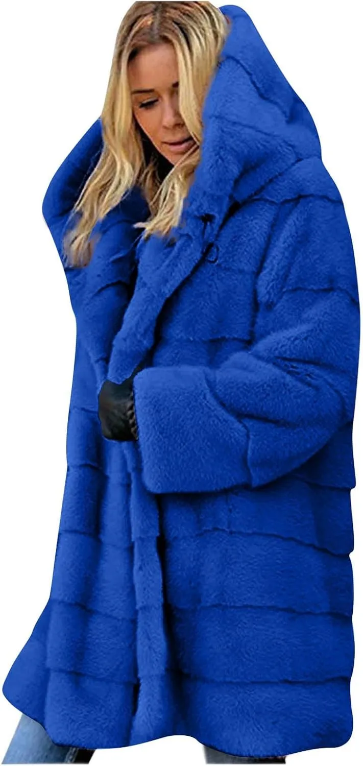 Plus Size Women Faux Fur Coats Open Front Long Winter Coat Warm Fuzzy Fleece Jacket Long Sleeve Thicken Hoodie Outwear