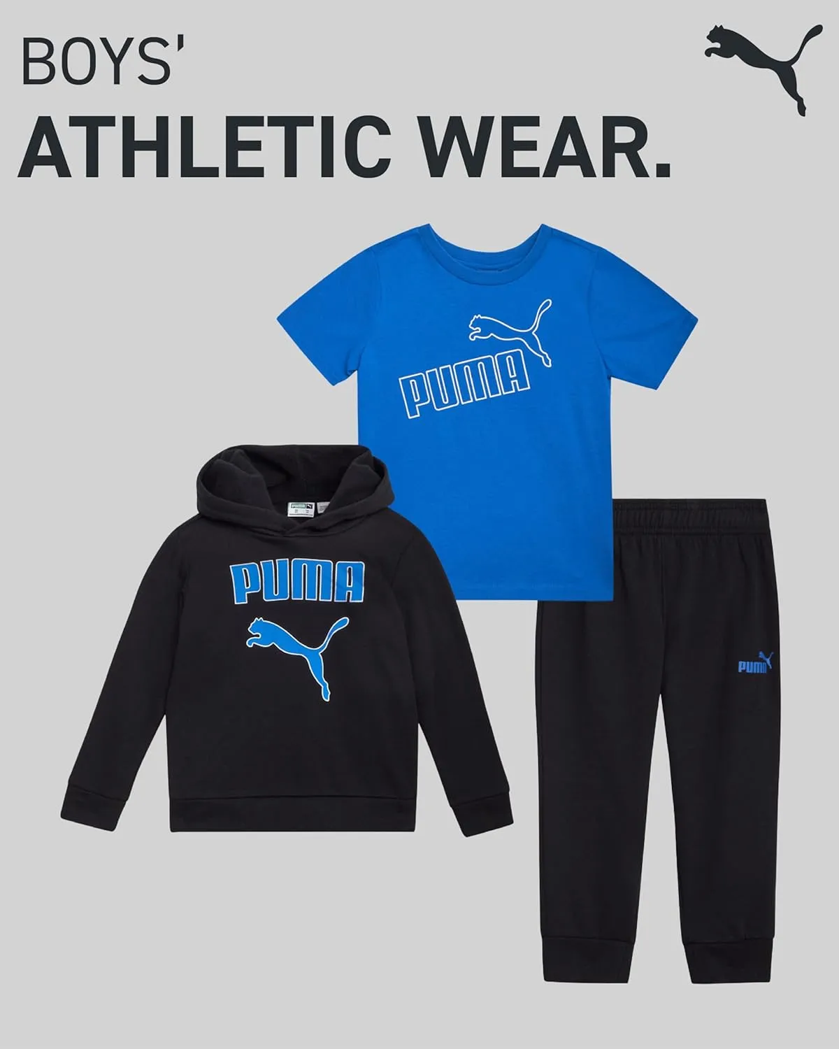 PUMA Toddler Boys' Activewear Set - 3 Piece Active Fleece T-Shirt, Hoodie Sweatshirt, and Jogger Pants Set for Boys (12M-4T)