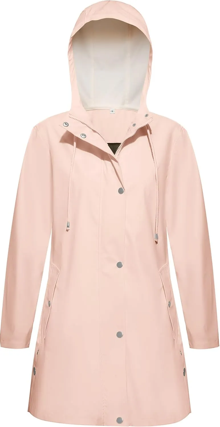 Rain Jacket Womens Waterproof with Hood, Long Rain Coat Windproof Windbreaker Outdoor Rain Trench Coat S-XXL