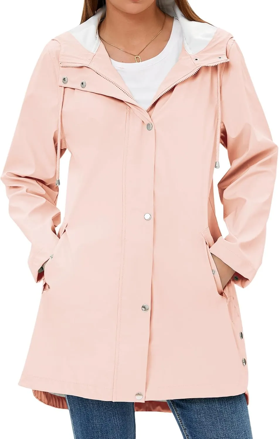 Rain Jacket Womens Waterproof with Hood, Long Rain Coat Windproof Windbreaker Outdoor Rain Trench Coat S-XXL