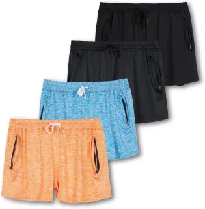 Real Essentials 4 Pack: Womens Athletic Dry-Fit Lounge Shorts with Zipper Pockets (Available in Plus Size)