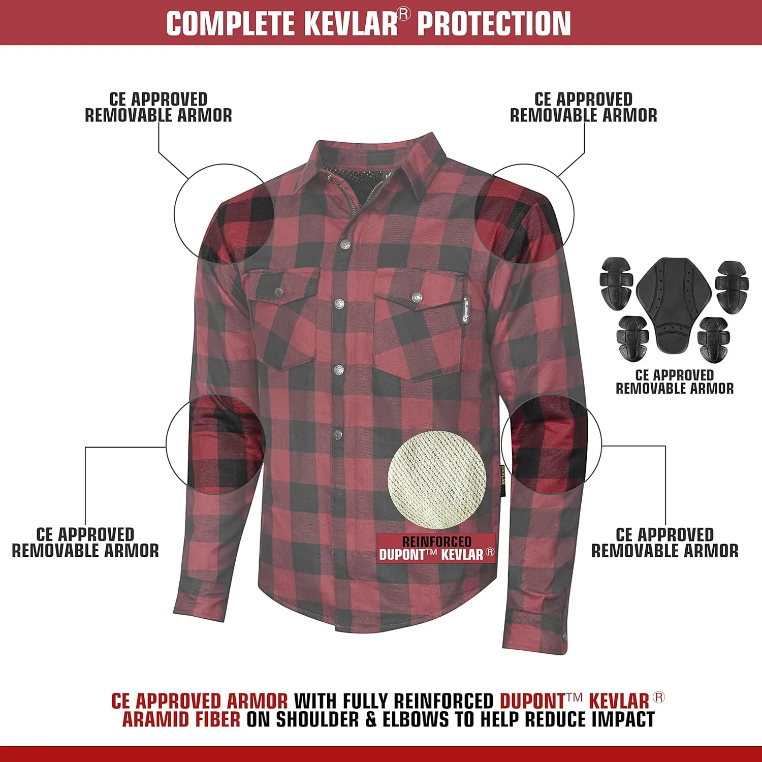 Riparo Motorcycle Riding Work Shirt for Men Long Sleeve Flannel Armored Shirt with Kevlar and CE Removable Protectors