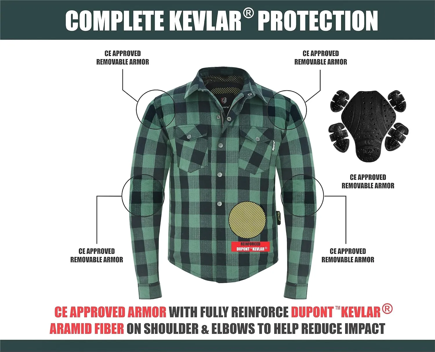 Riparo Motorcycle Riding Work Shirt for Men Long Sleeve Flannel Armored Shirt with Kevlar and CE Removable Protectors