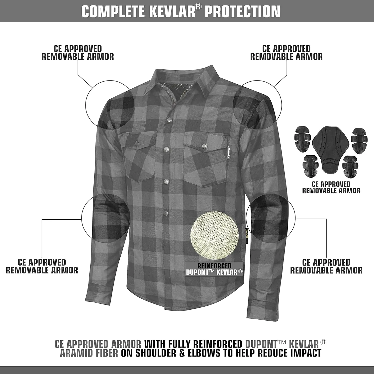Riparo Motorcycle Riding Work Shirt for Men Long Sleeve Flannel Armored Shirt with Kevlar and CE Removable Protectors