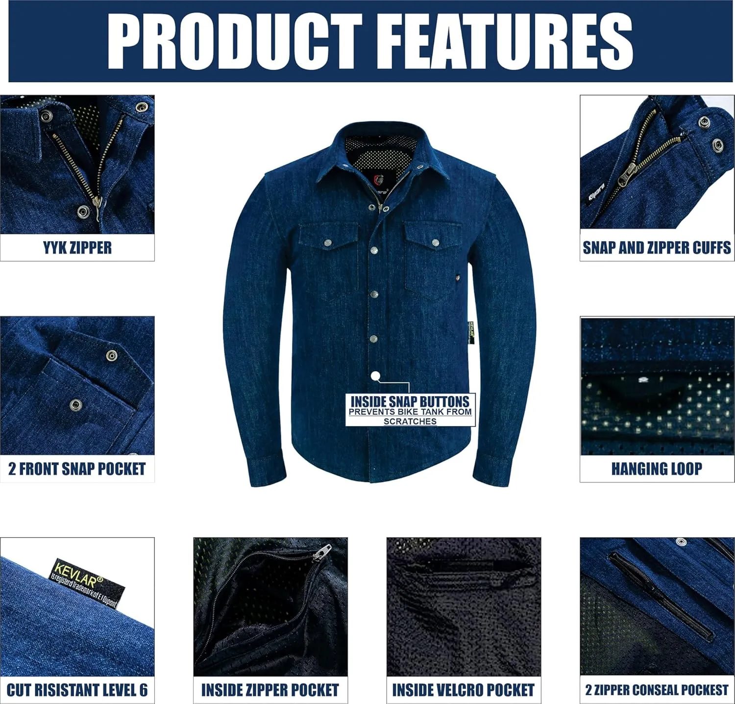 Riparo Motorcycle Riding Work Shirt for Men Long Sleeve Flannel Armored Shirt with Kevlar and CE Removable Protectors