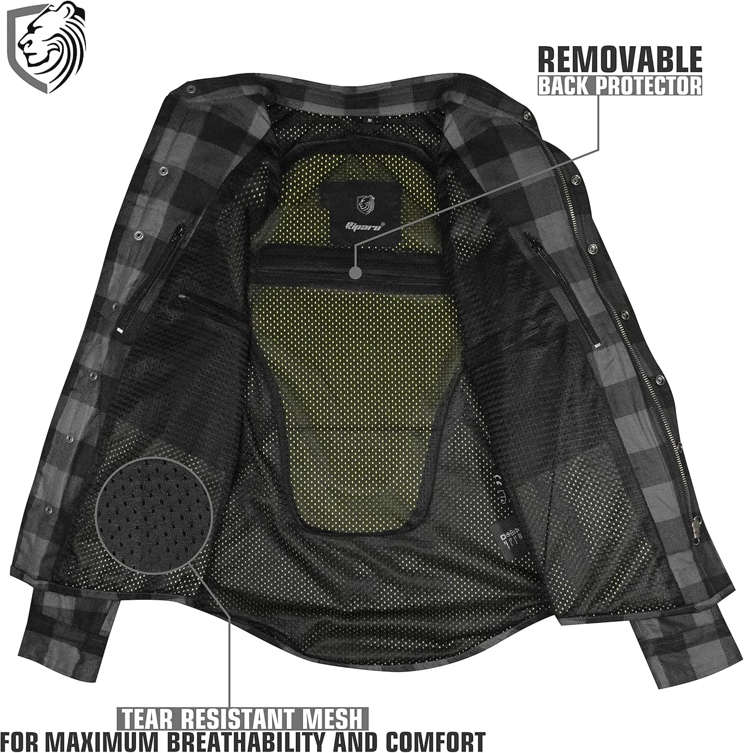 Riparo Motorcycle Riding Work Shirt for Men Long Sleeve Flannel Armored Shirt with Kevlar and CE Removable Protectors