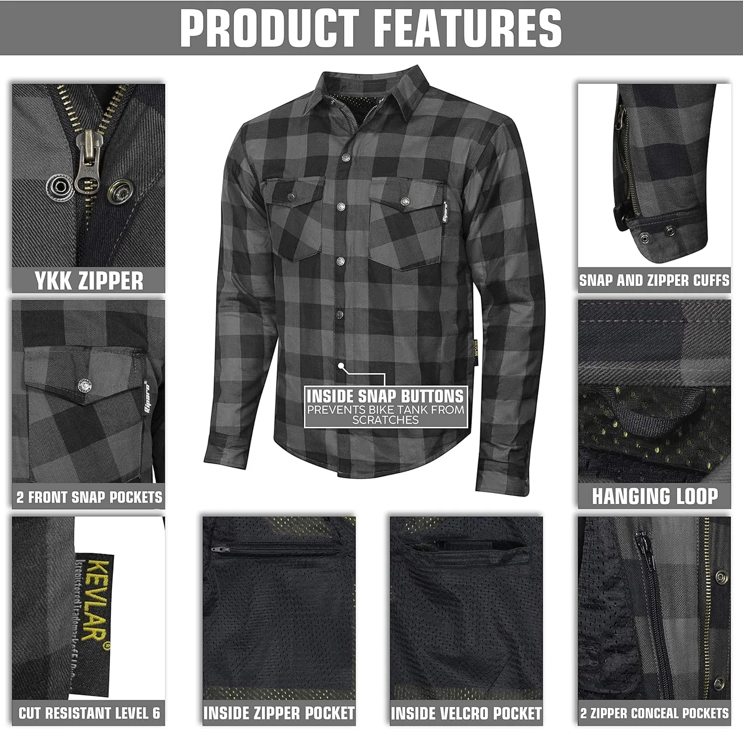 Riparo Motorcycle Riding Work Shirt for Men Long Sleeve Flannel Armored Shirt with Kevlar and CE Removable Protectors