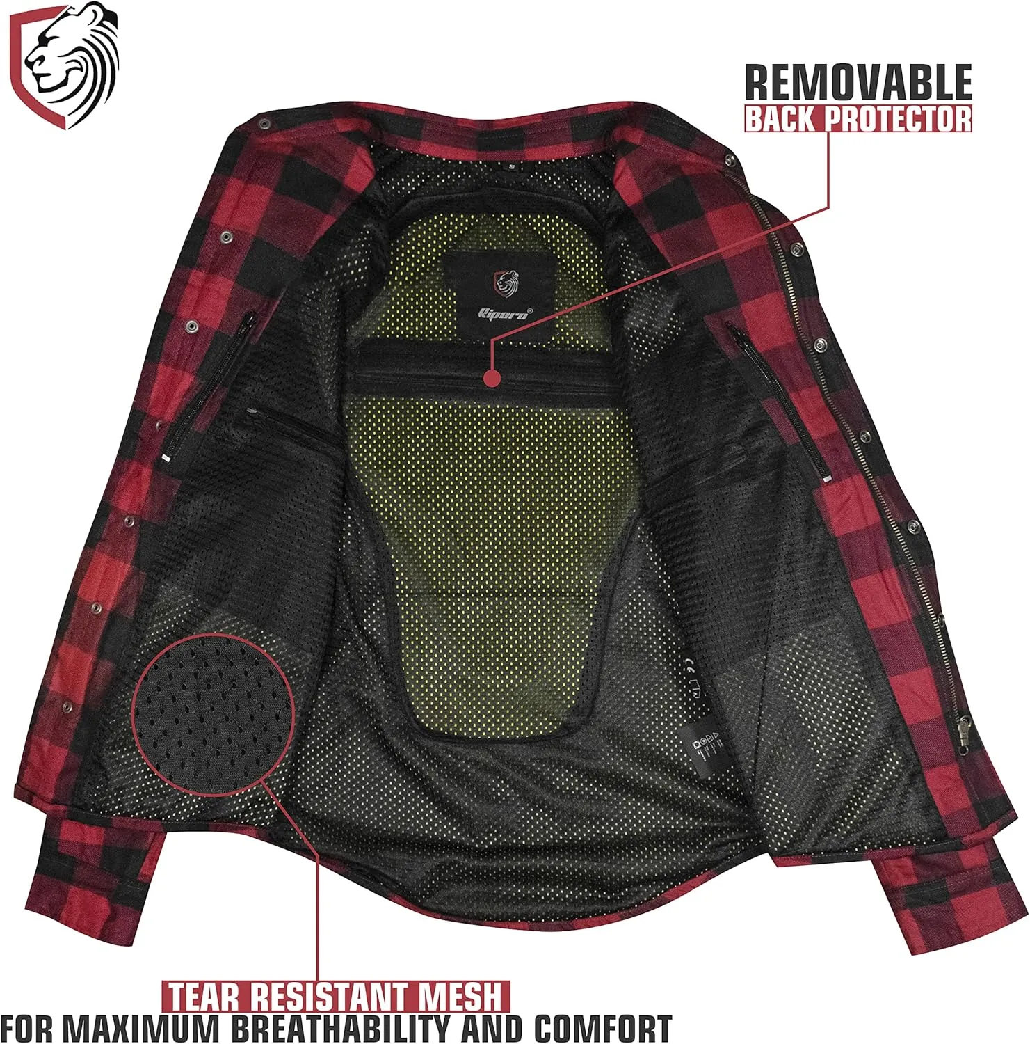 Riparo Motorcycle Riding Work Shirt for Men Long Sleeve Flannel Armored Shirt with Kevlar and CE Removable Protectors