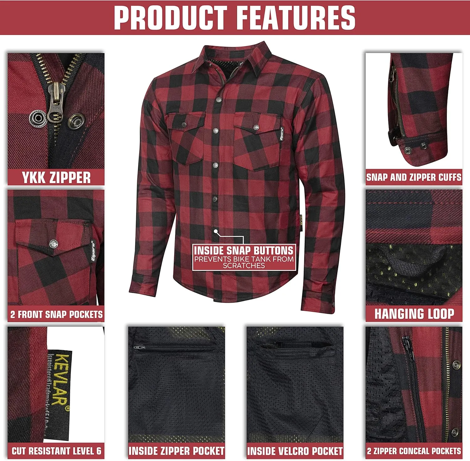 Riparo Motorcycle Riding Work Shirt for Men Long Sleeve Flannel Armored Shirt with Kevlar and CE Removable Protectors
