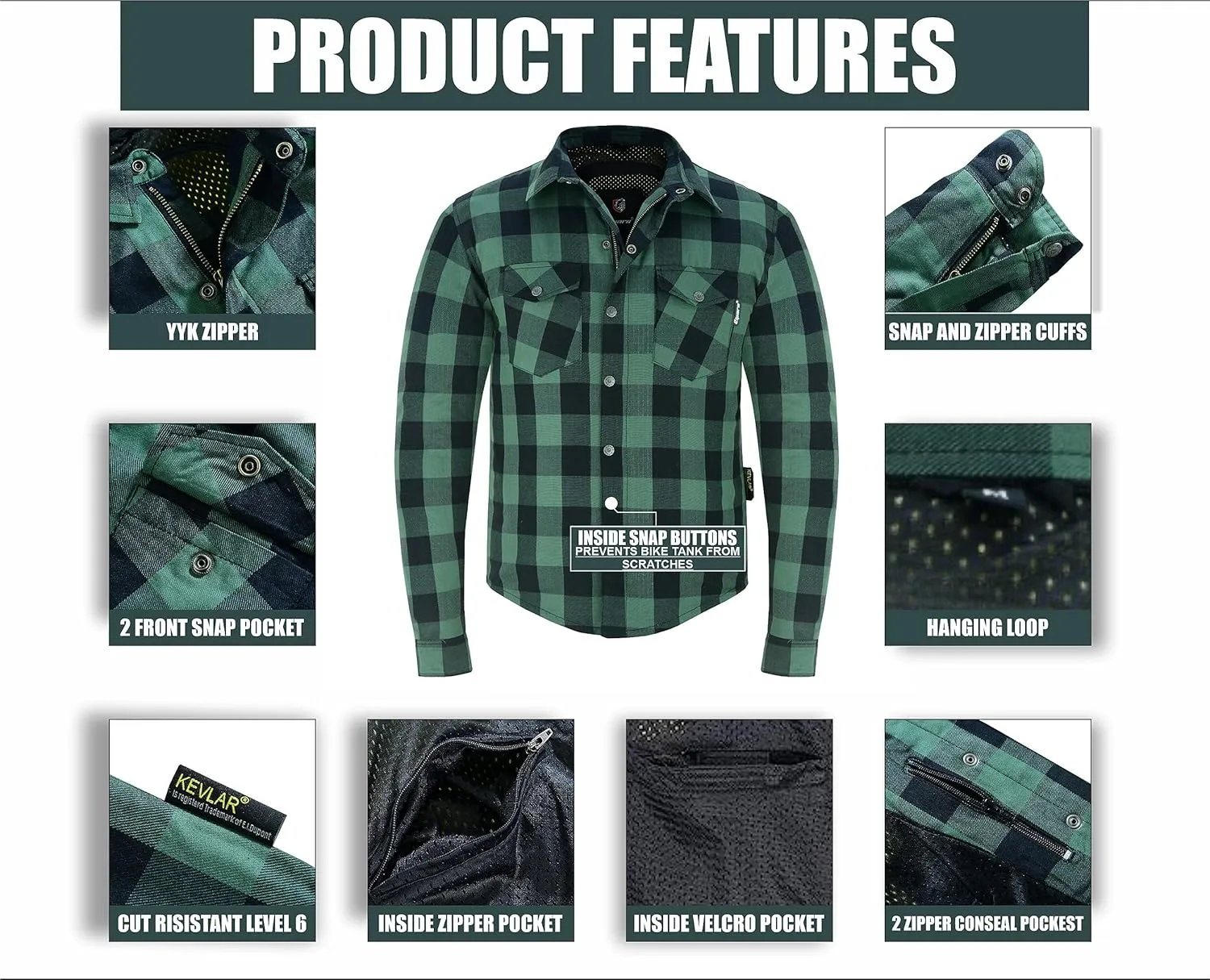 Riparo Motorcycle Riding Work Shirt for Men Long Sleeve Flannel Armored Shirt with Kevlar and CE Removable Protectors