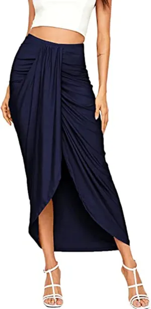 Ruched Women's Boho Skirt Elastic Waist Split Summer Beach Midi Wrap Skirts Slit Wrap Maxi Draped S-2XL