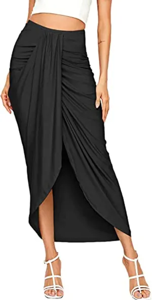 Ruched Women's Boho Skirt Elastic Waist Split Summer Beach Midi Wrap Skirts Slit Wrap Maxi Draped S-2XL