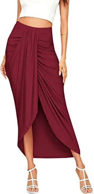 Ruched Women's Boho Skirt Elastic Waist Split Summer Beach Midi Wrap Skirts Slit Wrap Maxi Draped S-2XL