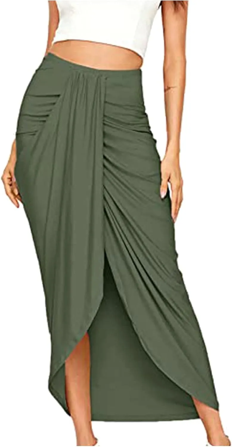 Ruched Women's Boho Skirt Elastic Waist Split Summer Beach Midi Wrap Skirts Slit Wrap Maxi Draped S-2XL