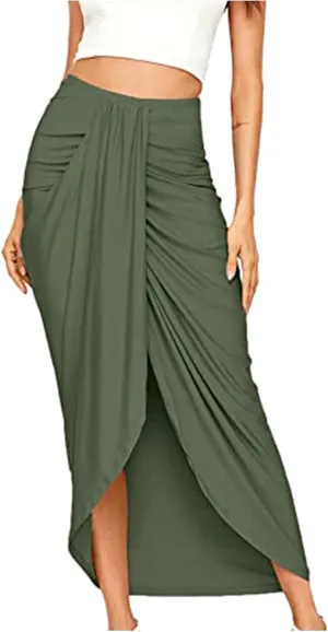 Ruched Women's Boho Skirt Elastic Waist Split Summer Beach Midi Wrap Skirts Slit Wrap Maxi Draped S-2XL