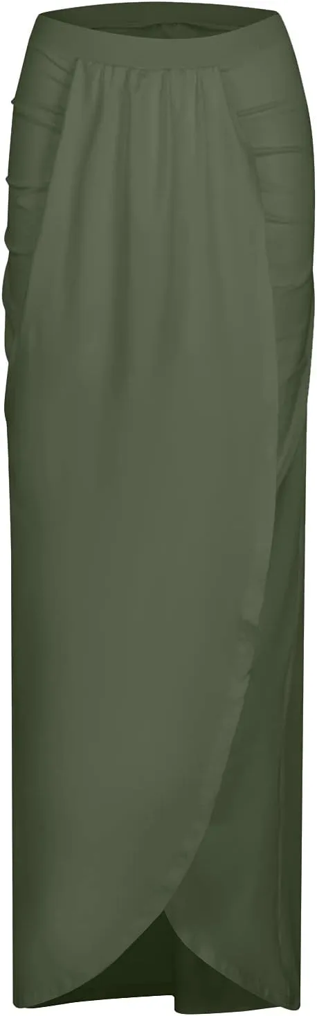 Ruched Women's Boho Skirt Elastic Waist Split Summer Beach Midi Wrap Skirts Slit Wrap Maxi Draped S-2XL