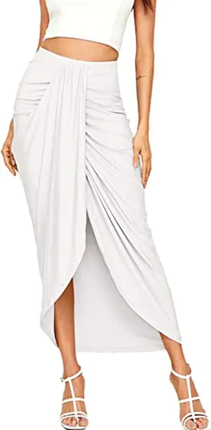Ruched Women's Boho Skirt Elastic Waist Split Summer Beach Midi Wrap Skirts Slit Wrap Maxi Draped S-2XL
