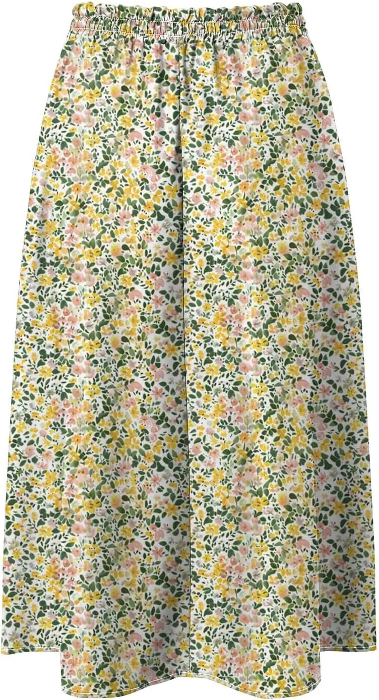 Rvidbe Midi Skirt for Women Drawstring Floral Printed High Waisted Below Knee Pleated Flowy Beach A-Line Skirts with Pockets