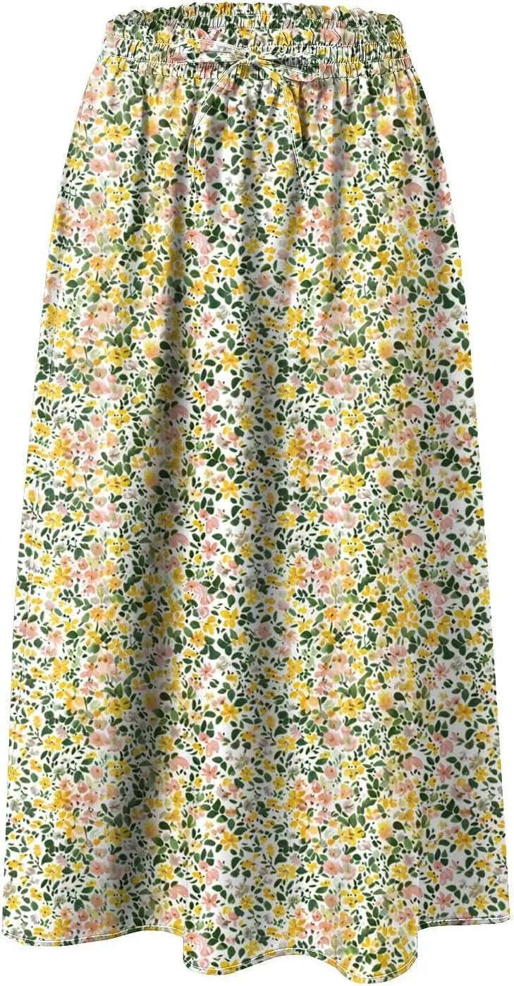 Rvidbe Midi Skirt for Women Drawstring Floral Printed High Waisted Below Knee Pleated Flowy Beach A-Line Skirts with Pockets