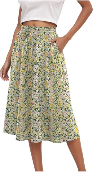 Rvidbe Midi Skirt for Women Drawstring Floral Printed High Waisted Below Knee Pleated Flowy Beach A-Line Skirts with Pockets