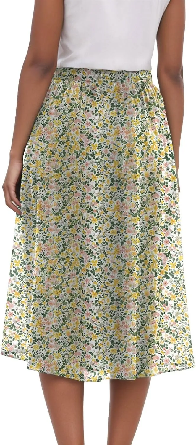 Rvidbe Midi Skirt for Women Drawstring Floral Printed High Waisted Below Knee Pleated Flowy Beach A-Line Skirts with Pockets