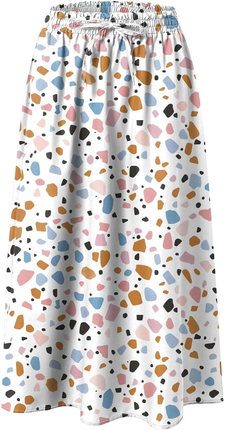 Rvidbe Midi Skirt for Women Graphic Printed High Waisted Below Knee Pleated Flowy Skirts with Pockets Beach A-Line Skirts