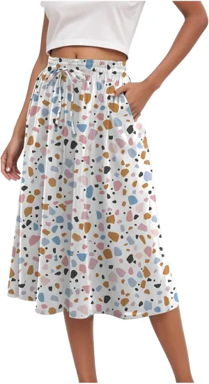 Rvidbe Midi Skirt for Women Graphic Printed High Waisted Below Knee Pleated Flowy Skirts with Pockets Beach A-Line Skirts