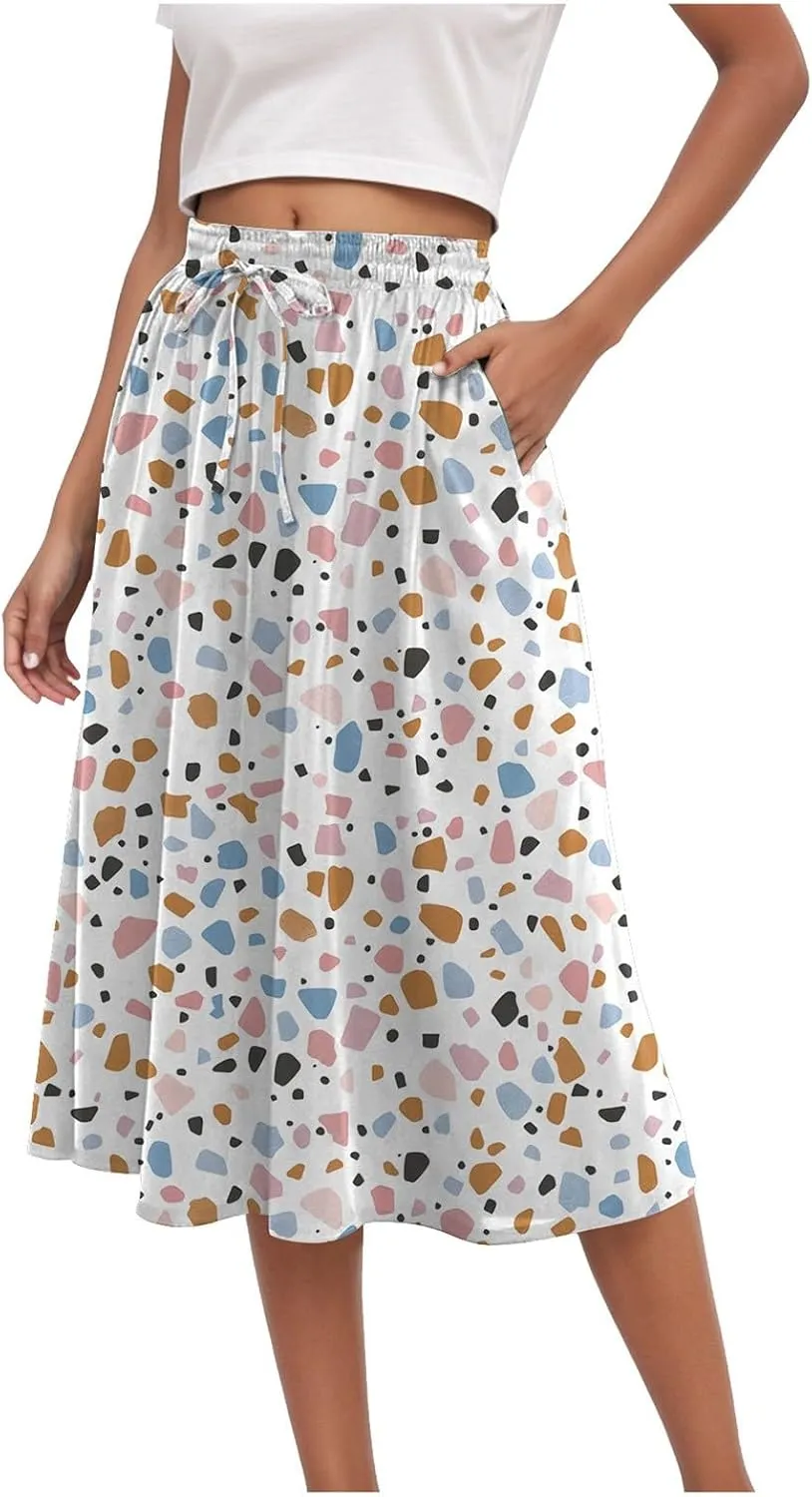 Rvidbe Midi Skirt for Women Graphic Printed High Waisted Below Knee Pleated Flowy Skirts with Pockets Beach A-Line Skirts