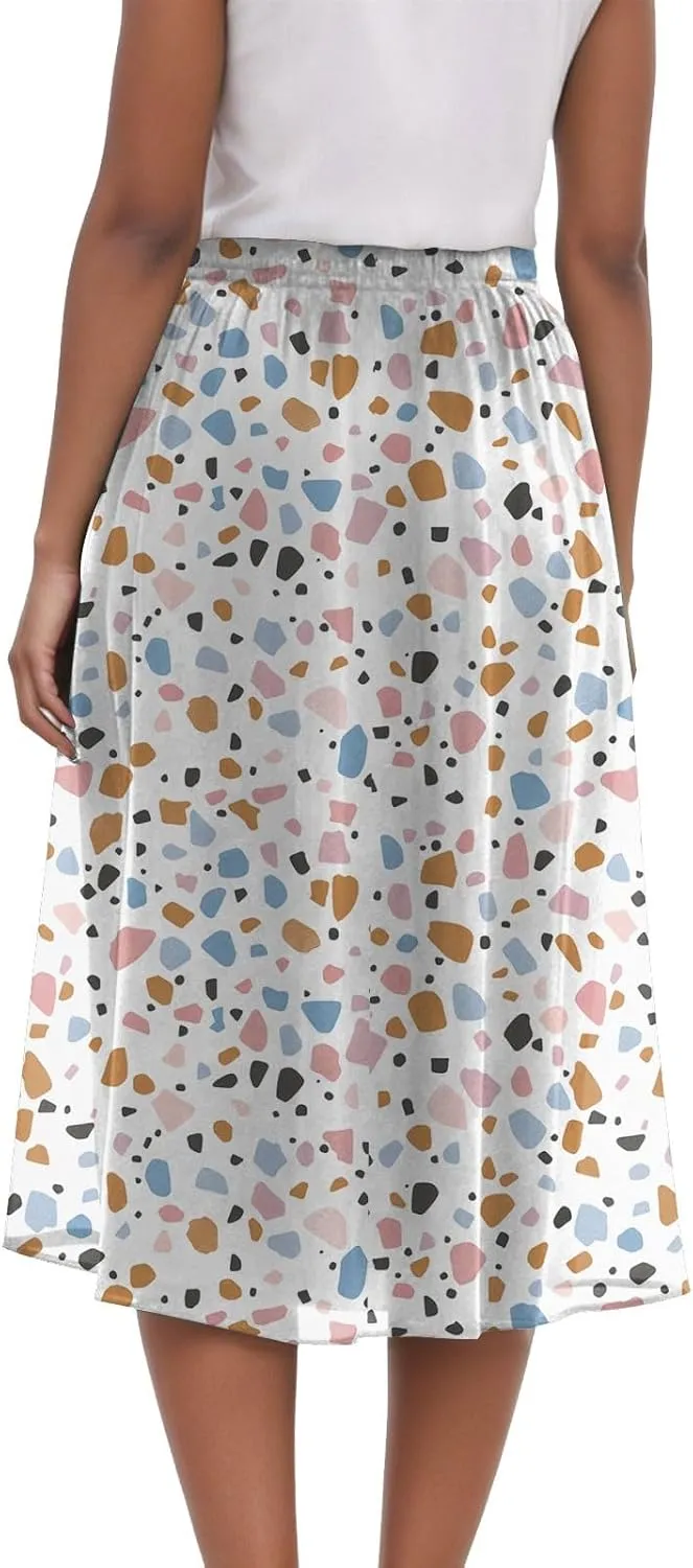 Rvidbe Midi Skirt for Women Graphic Printed High Waisted Below Knee Pleated Flowy Skirts with Pockets Beach A-Line Skirts