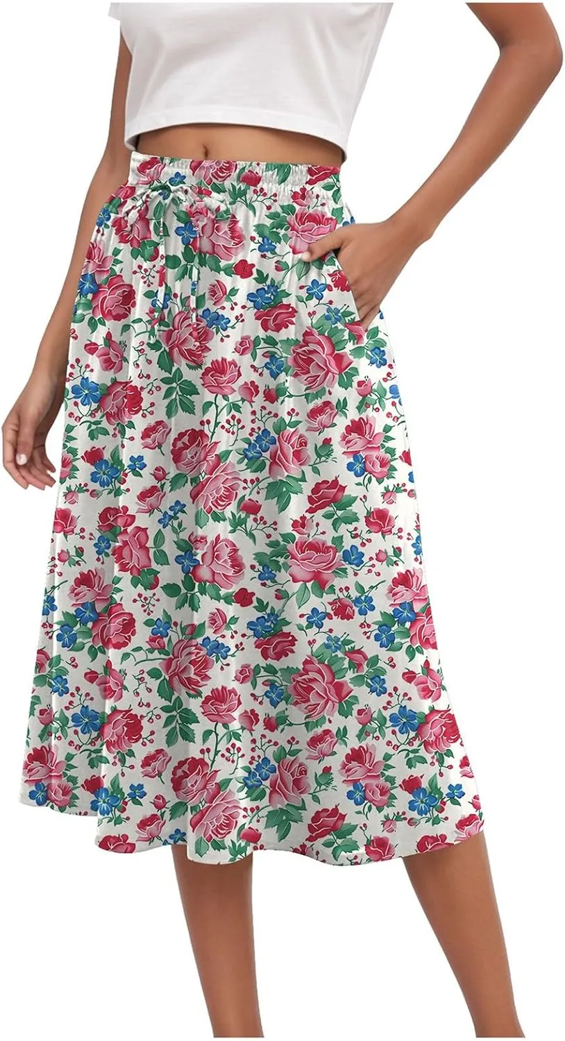 Rvidbe Skirts for Women Midi Length Pleated High Waisted Casual Below Knee Skirts with Pockets Floral Print A-Line Skirts