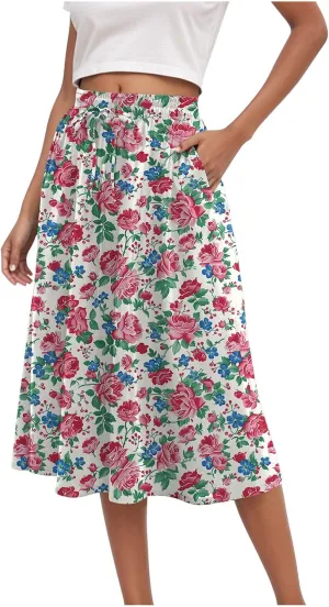 Rvidbe Skirts for Women Midi Length Pleated High Waisted Casual Below Knee Skirts with Pockets Floral Print A-Line Skirts