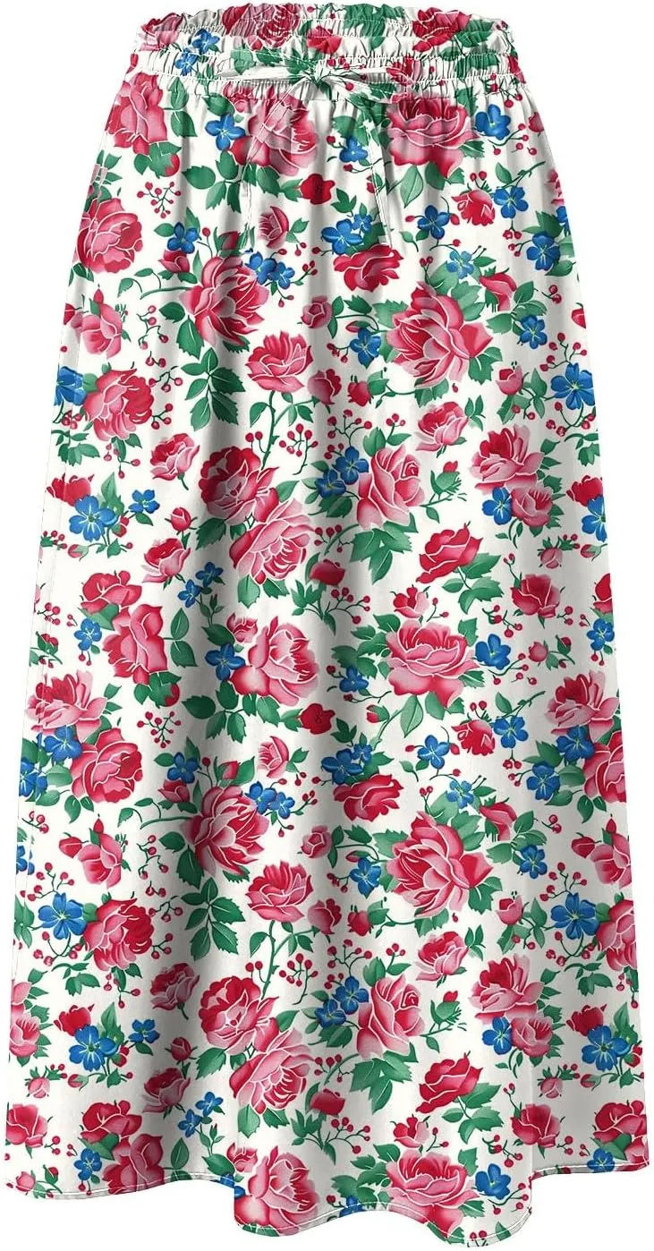 Rvidbe Skirts for Women Midi Length Pleated High Waisted Casual Below Knee Skirts with Pockets Floral Print A-Line Skirts