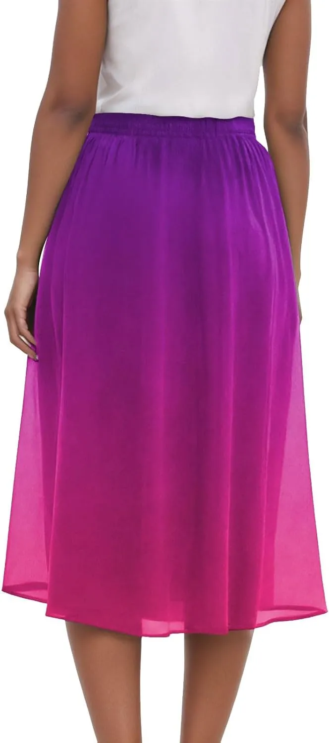 Rvidbe Skirts for Women Midi Length Pleated High Waisted Casual Below Knee Skirts with Pockets Gradient Print A-Line Skirts