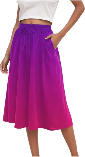Rvidbe Skirts for Women Midi Length Pleated High Waisted Casual Below Knee Skirts with Pockets Gradient Print A-Line Skirts