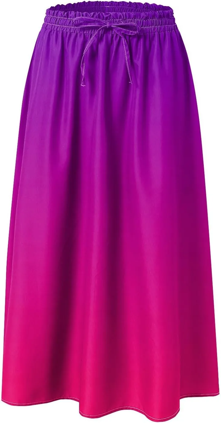 Rvidbe Skirts for Women Midi Length Pleated High Waisted Casual Below Knee Skirts with Pockets Gradient Print A-Line Skirts
