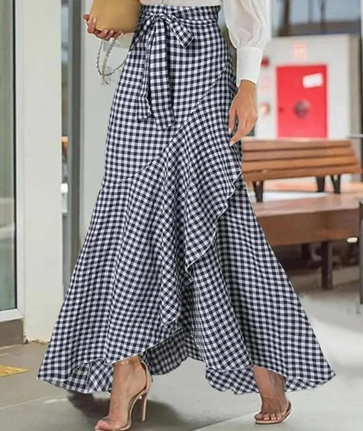 SEMATOMALA Women's Casual Plaid Mermaid Maxi Skirt A Line Irregular Ruffle Hem Fishtail Long Skirt Spring Summer