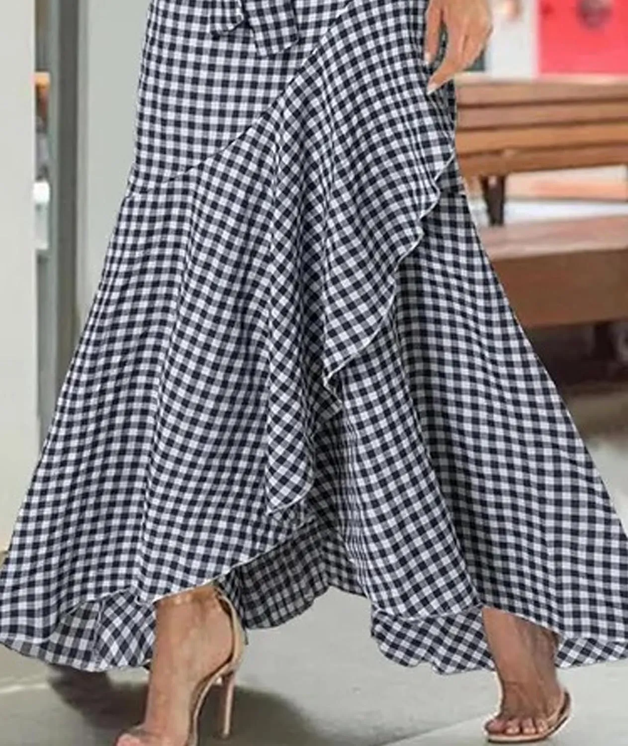 SEMATOMALA Women's Casual Plaid Mermaid Maxi Skirt A Line Irregular Ruffle Hem Fishtail Long Skirt Spring Summer