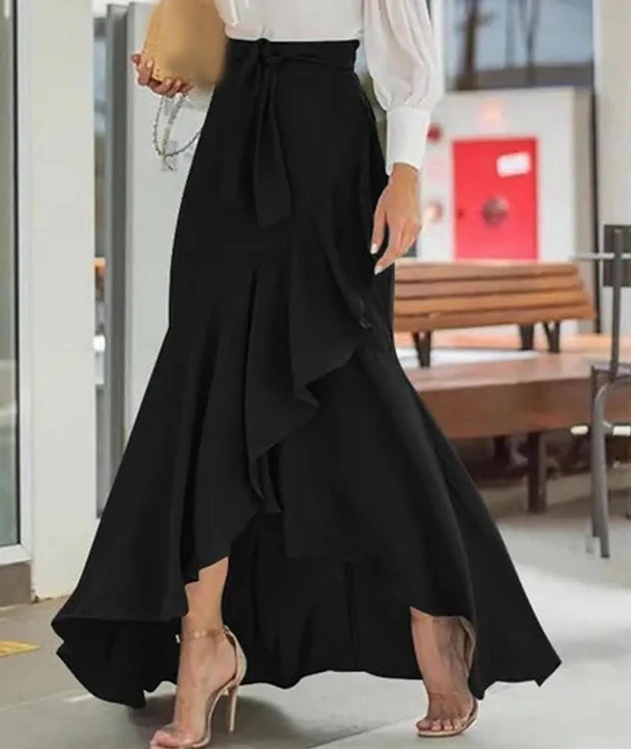 SEMATOMALA Women's Casual Plaid Mermaid Maxi Skirt A Line Irregular Ruffle Hem Fishtail Long Skirt Spring Summer