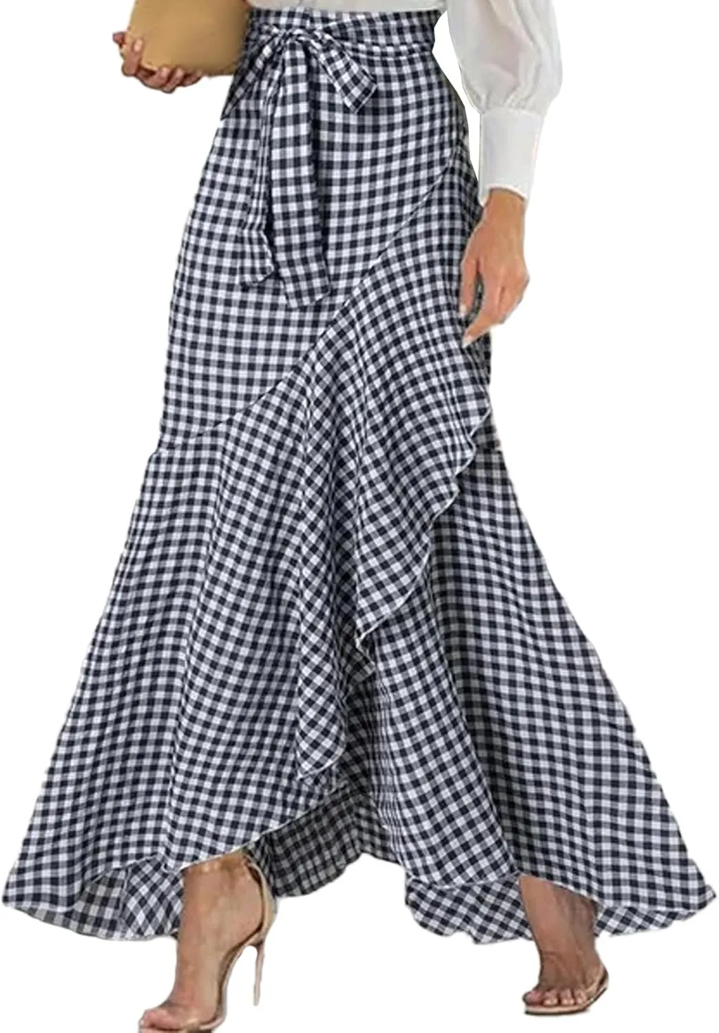 SEMATOMALA Women's Casual Plaid Mermaid Maxi Skirt A Line Irregular Ruffle Hem Fishtail Long Skirt Spring Summer