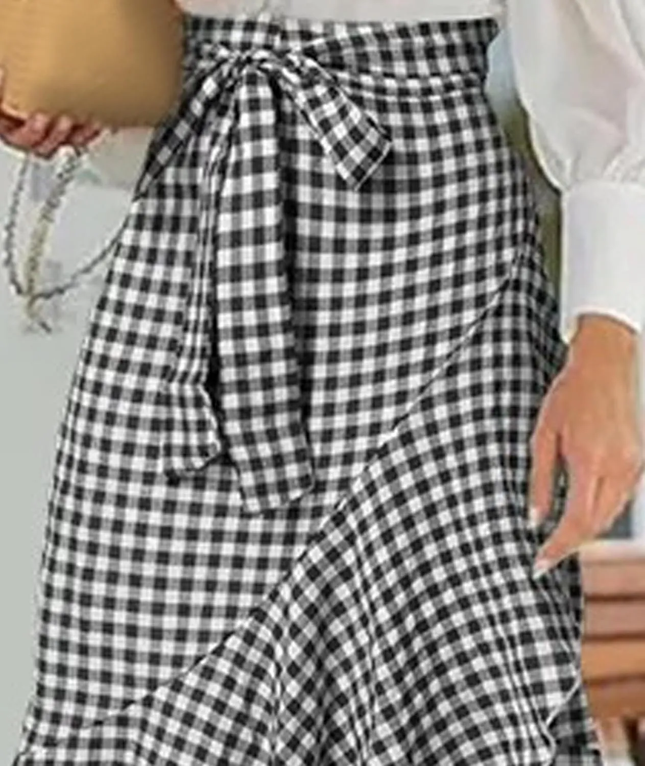 SEMATOMALA Women's Casual Plaid Mermaid Maxi Skirt A Line Irregular Ruffle Hem Fishtail Long Skirt Spring Summer