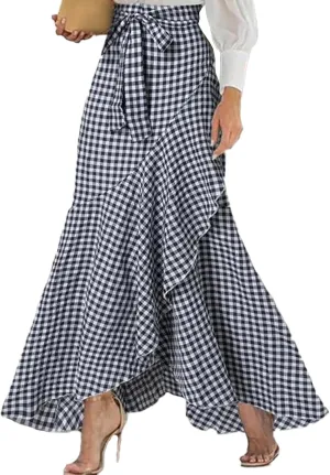 SEMATOMALA Women's Casual Plaid Mermaid Maxi Skirt A Line Irregular Ruffle Hem Fishtail Long Skirt Spring Summer