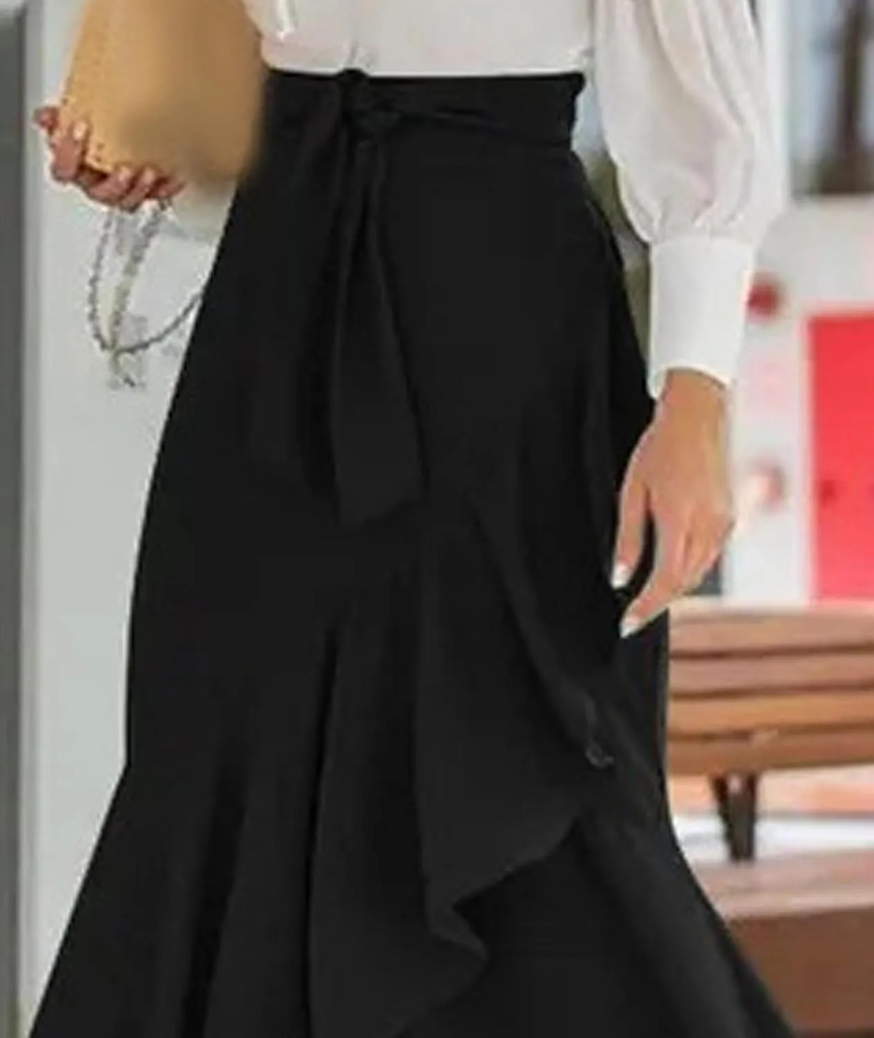 SEMATOMALA Women's Casual Plaid Mermaid Maxi Skirt A Line Irregular Ruffle Hem Fishtail Long Skirt Spring Summer