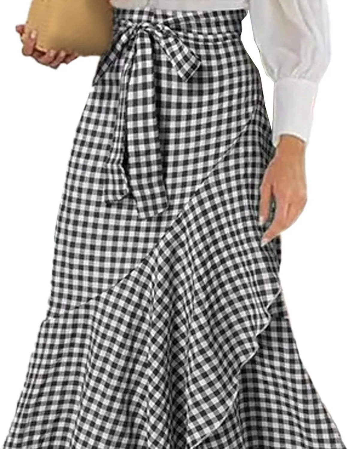 SEMATOMALA Women's Casual Plaid Mermaid Maxi Skirt A Line Irregular Ruffle Hem Fishtail Long Skirt Spring Summer