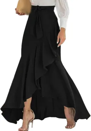 SEMATOMALA Women's Casual Plaid Mermaid Maxi Skirt A Line Irregular Ruffle Hem Fishtail Long Skirt Spring Summer