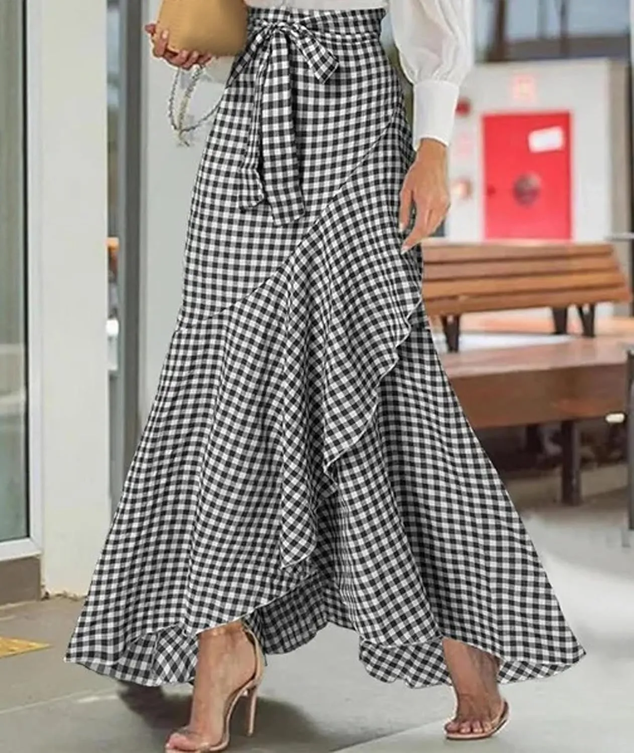 SEMATOMALA Women's Casual Plaid Mermaid Maxi Skirt A Line Irregular Ruffle Hem Fishtail Long Skirt Spring Summer