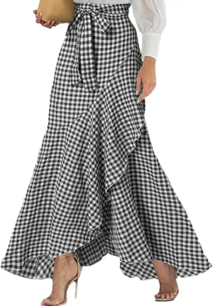 SEMATOMALA Women's Casual Plaid Mermaid Maxi Skirt A Line Irregular Ruffle Hem Fishtail Long Skirt Spring Summer
